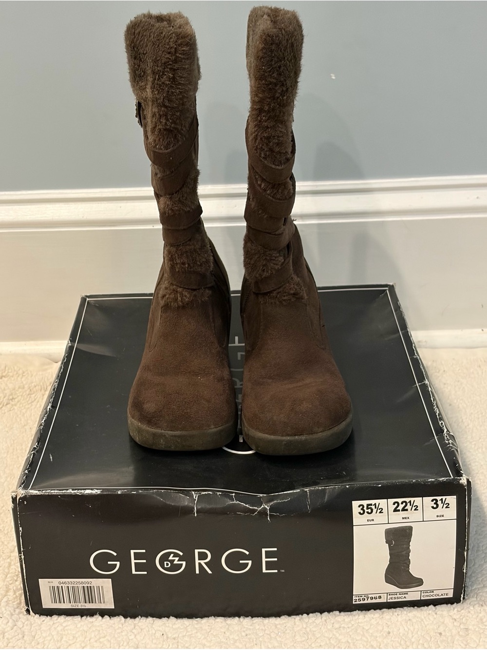 George Brown Faux Fur & Rhinestone “Jessica” Mid-Calf Wedge Boots